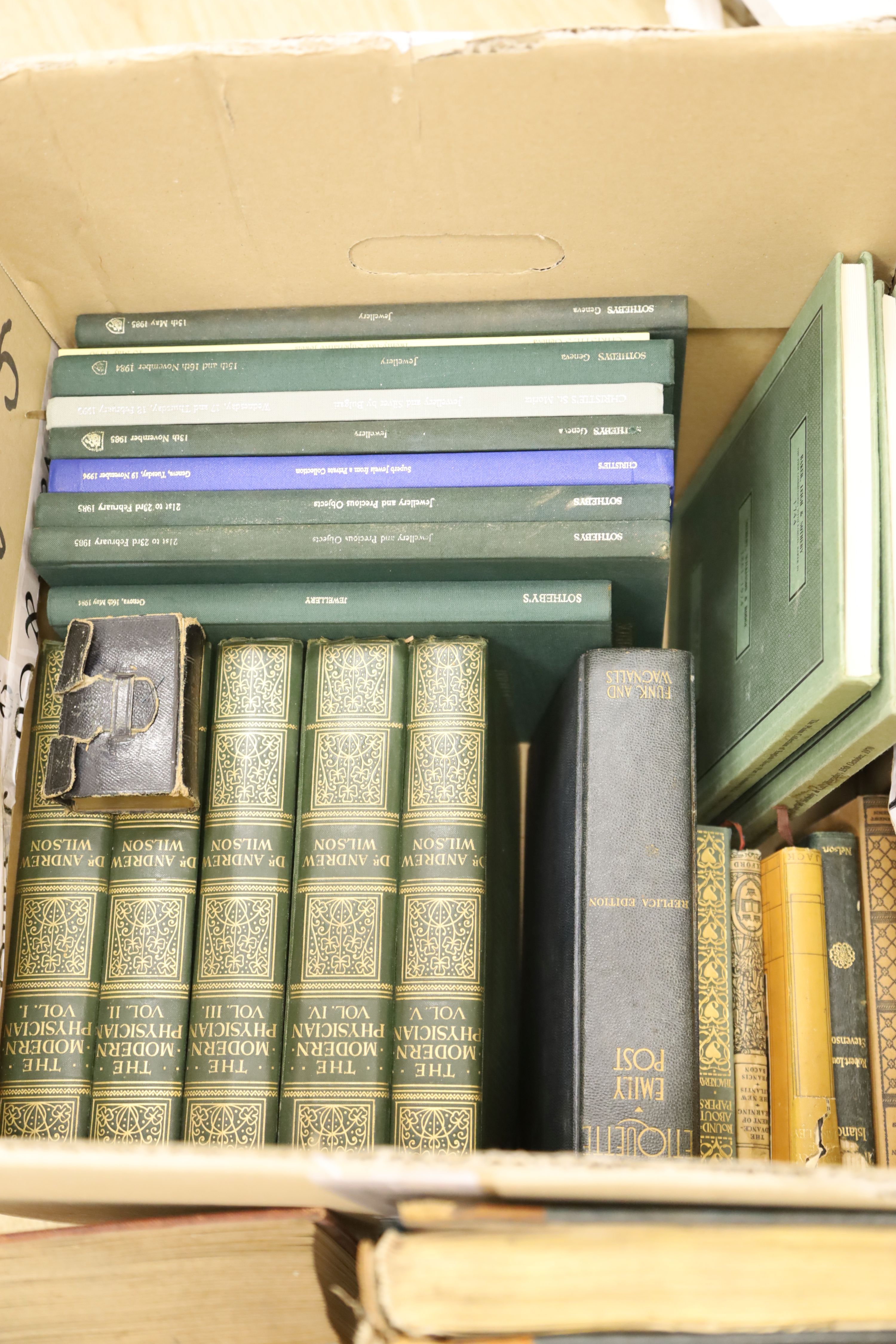 Two sporting related books, five volumes of modern Physician, various novels and collection of auction jewellery catalogues